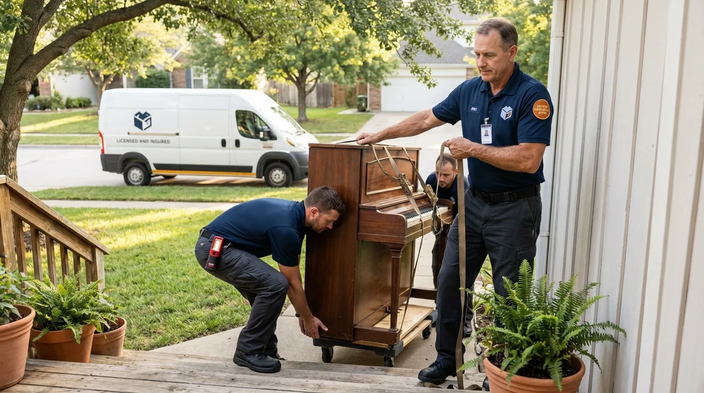 Licensed piano movers securing grand piano in Faulkton, SD