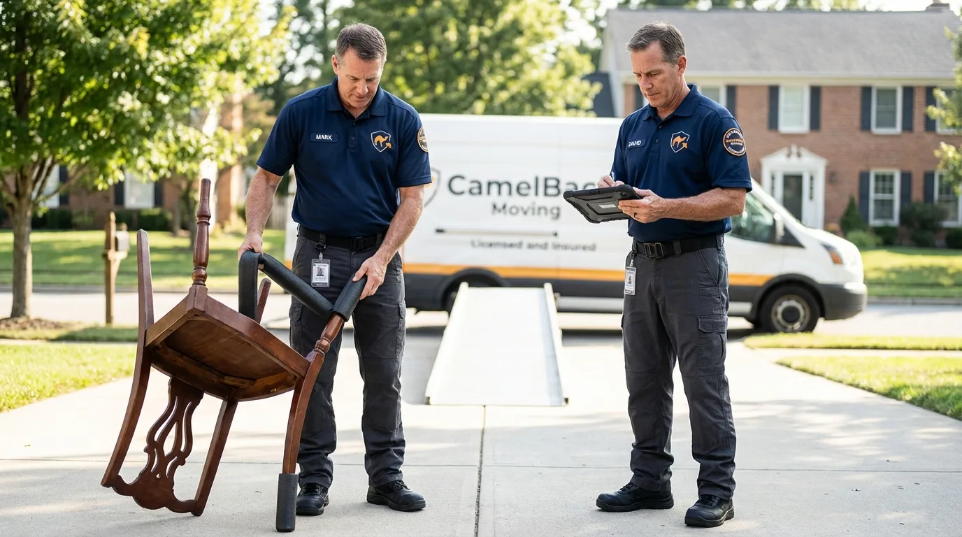 Movers inspecting furniture for damage prevention before loading in Faulkton, SD